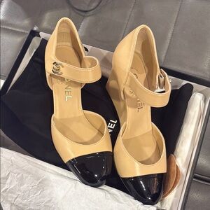 CHANEL Beige Wedge Mary Janes